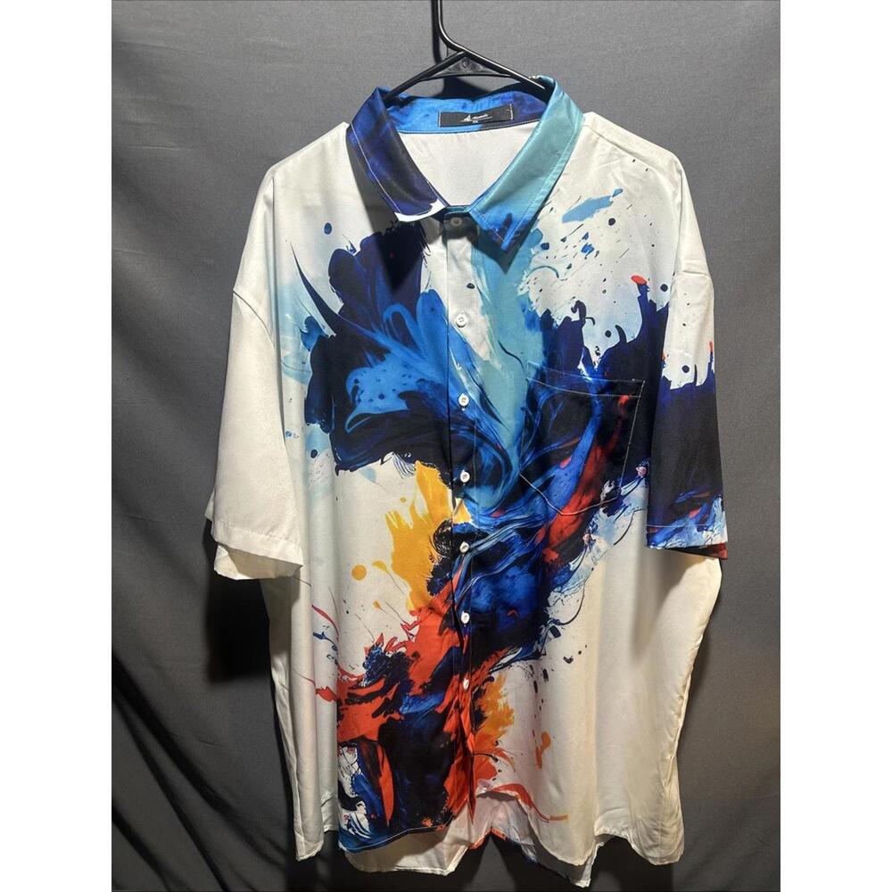 men's short-sleeve button-up shirt w blue, yellow, red abstract XXL #395 ￼